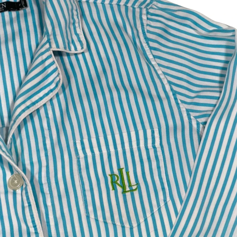 Lauren Ralph Lauren Women's Blue White Striped Cotton Pajama Set Size M RLL Logo
